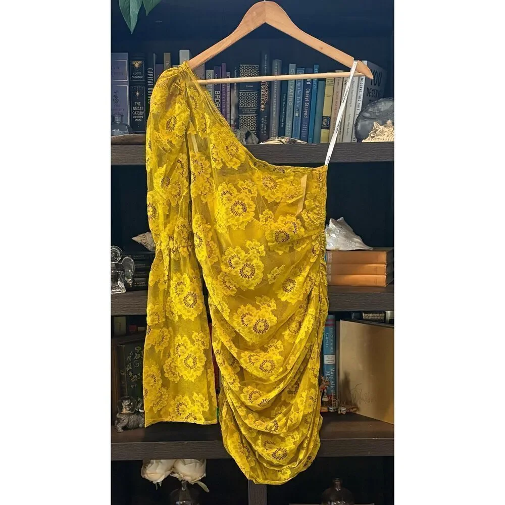 NWT For Love & Lemons Tiana Mustard Yellow Floral Lace Mini Dress Size Small